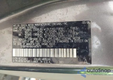 2006 Toyota Tundra Limited V8 из США, поврежденный, VIN 5TBBT48166S483870